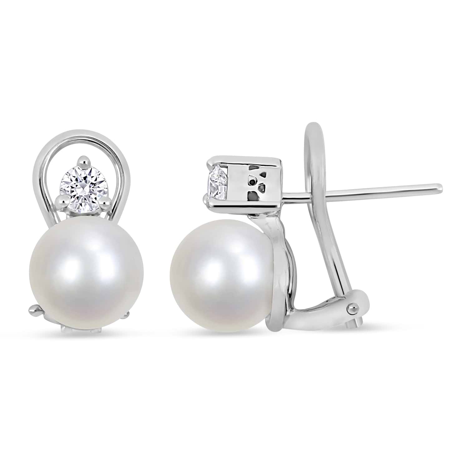 Round Akoya Cultured White Pearl and Diamond Clip Back Earrings 14k White Gold (0.30 ct)