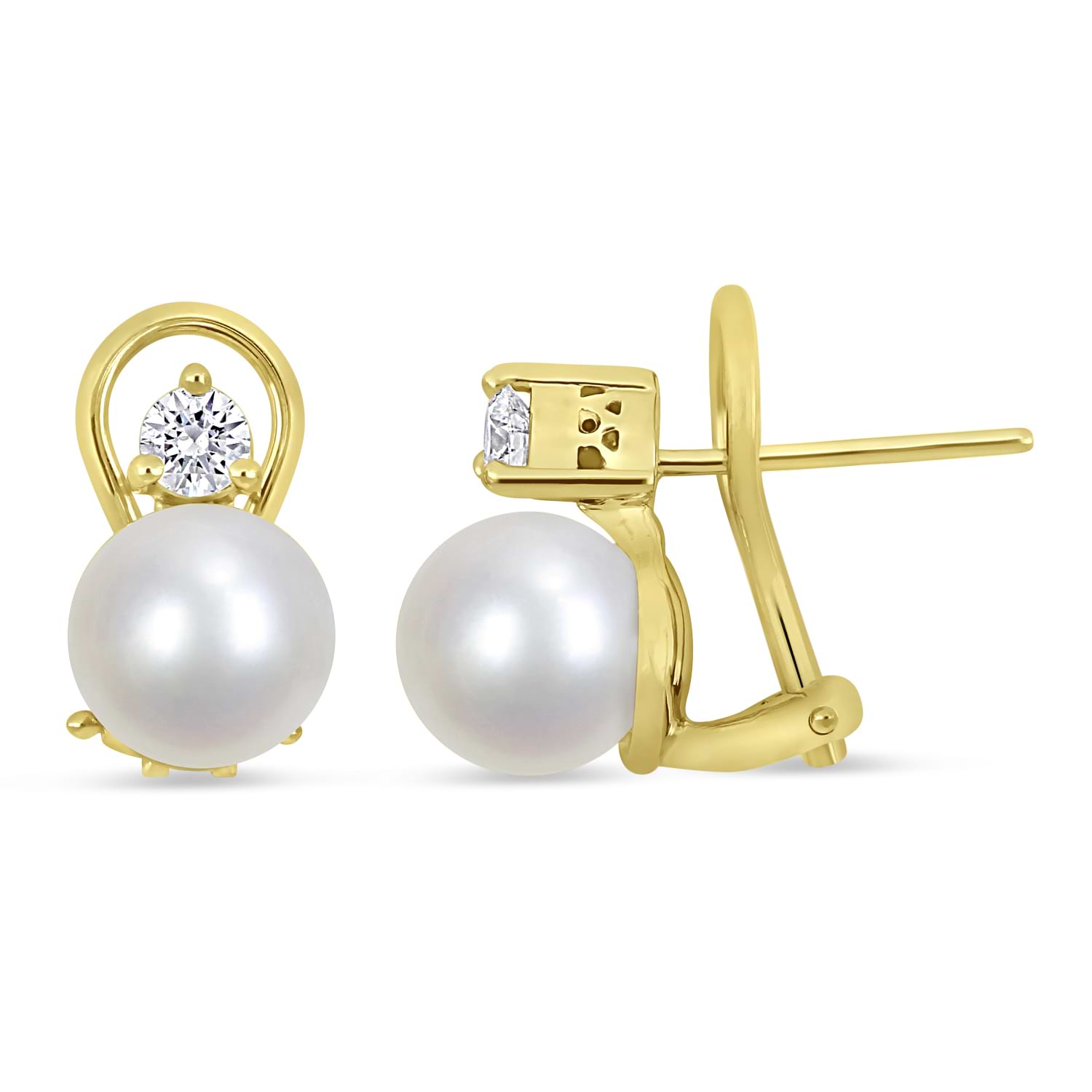 Round Akoya Cultured White Pearl and Diamond Clip Back Earrings 14k Yellow Gold (0.30 ct)