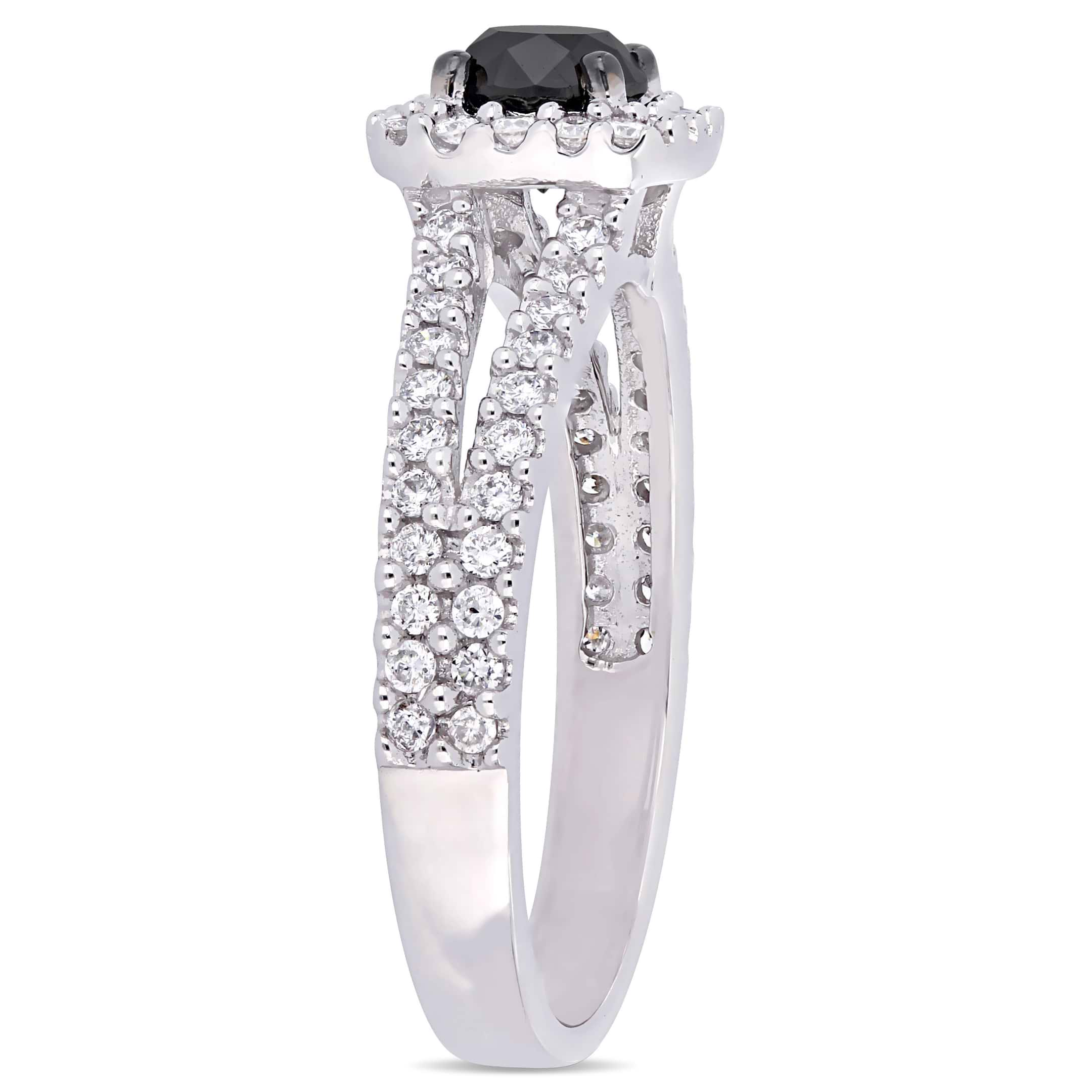 Round Cut Black and White Diamond Halo Ring 14k White Gold (0.98ct)