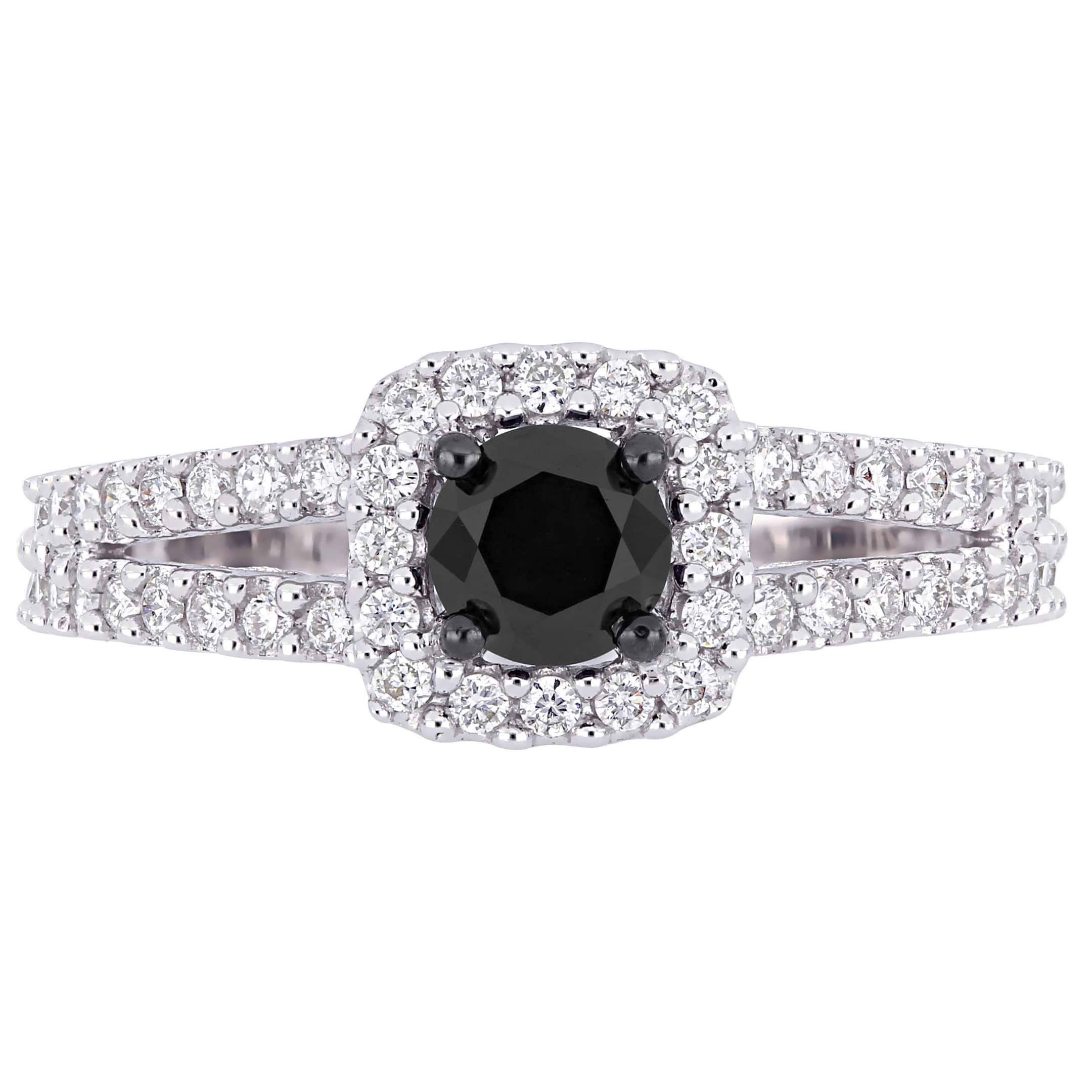 Round Cut Black and White Diamond Halo Ring 14k White Gold (0.98ct)