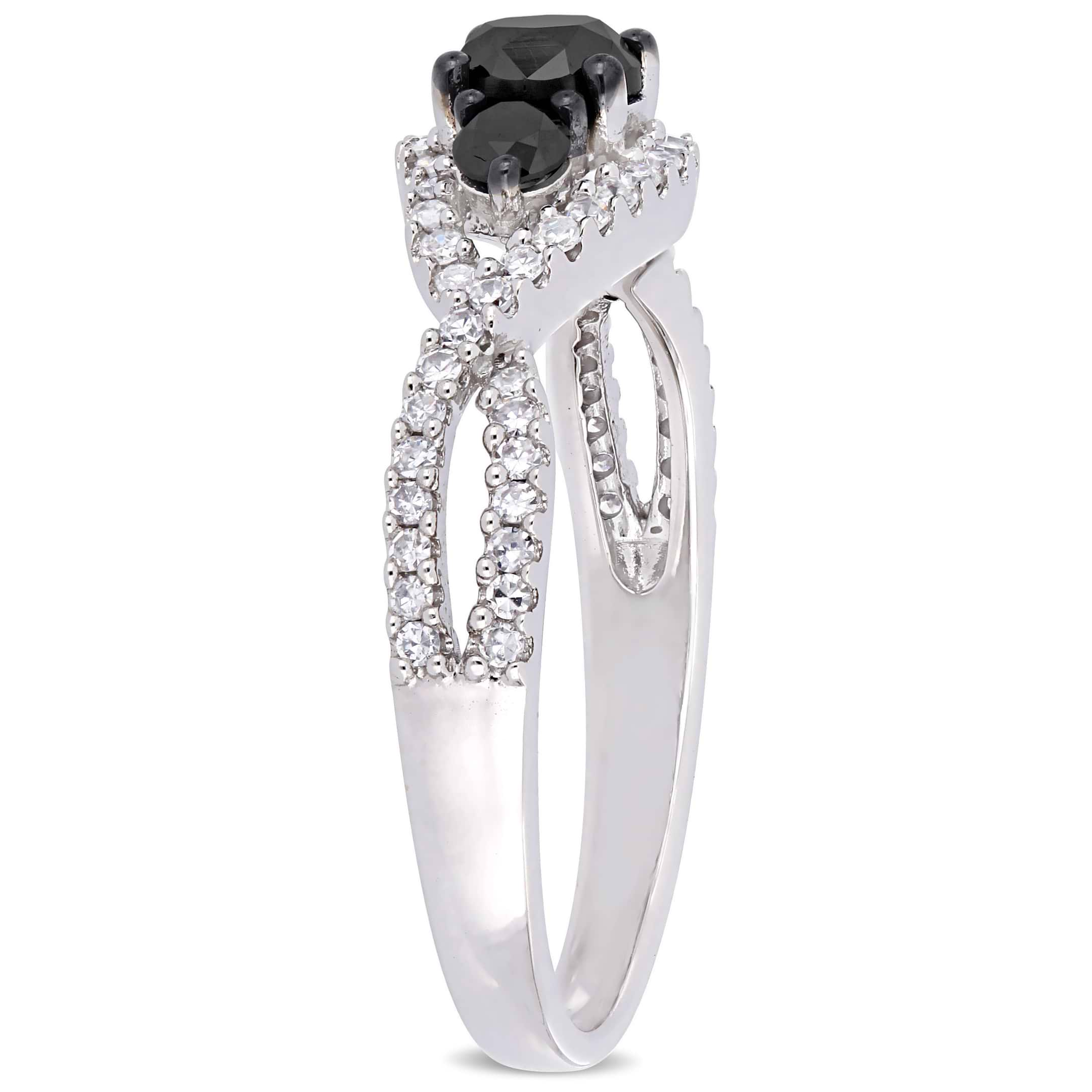 Round Black and White Diamond Three-Stone Ring 14k W. Gold (0.99ct)