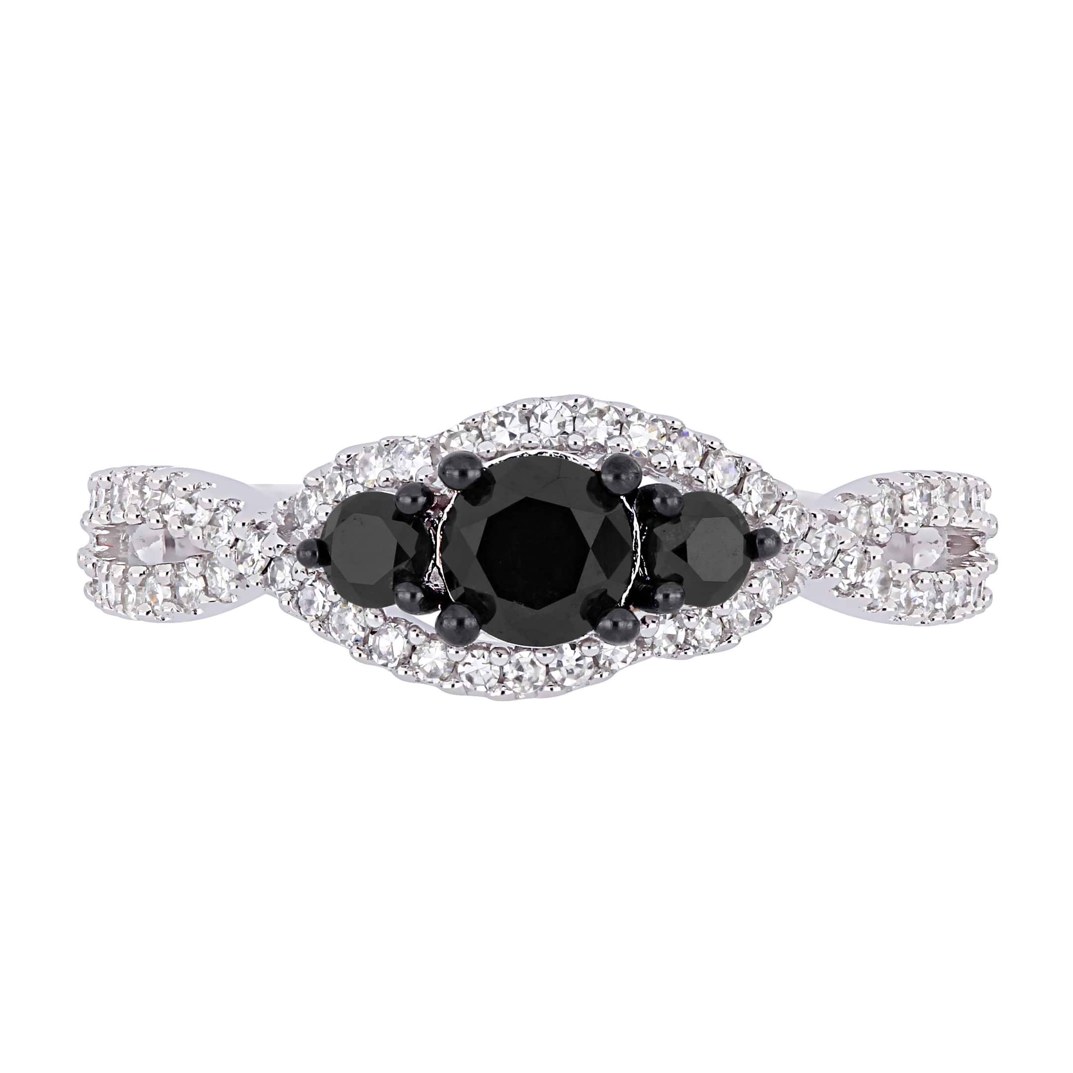 Round Black and White Diamond Three-Stone Ring 14k W. Gold (0.99ct)