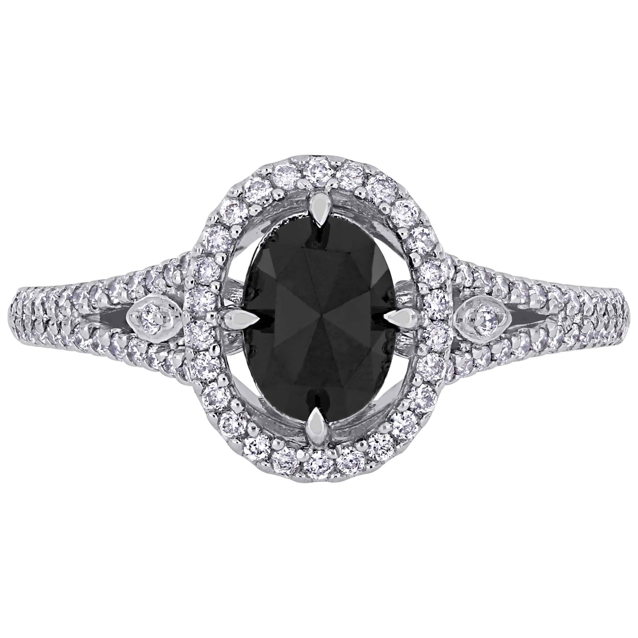 Oval Cut Black & Round White Diamond Halo Ring 14k White Gold (1.23ct)