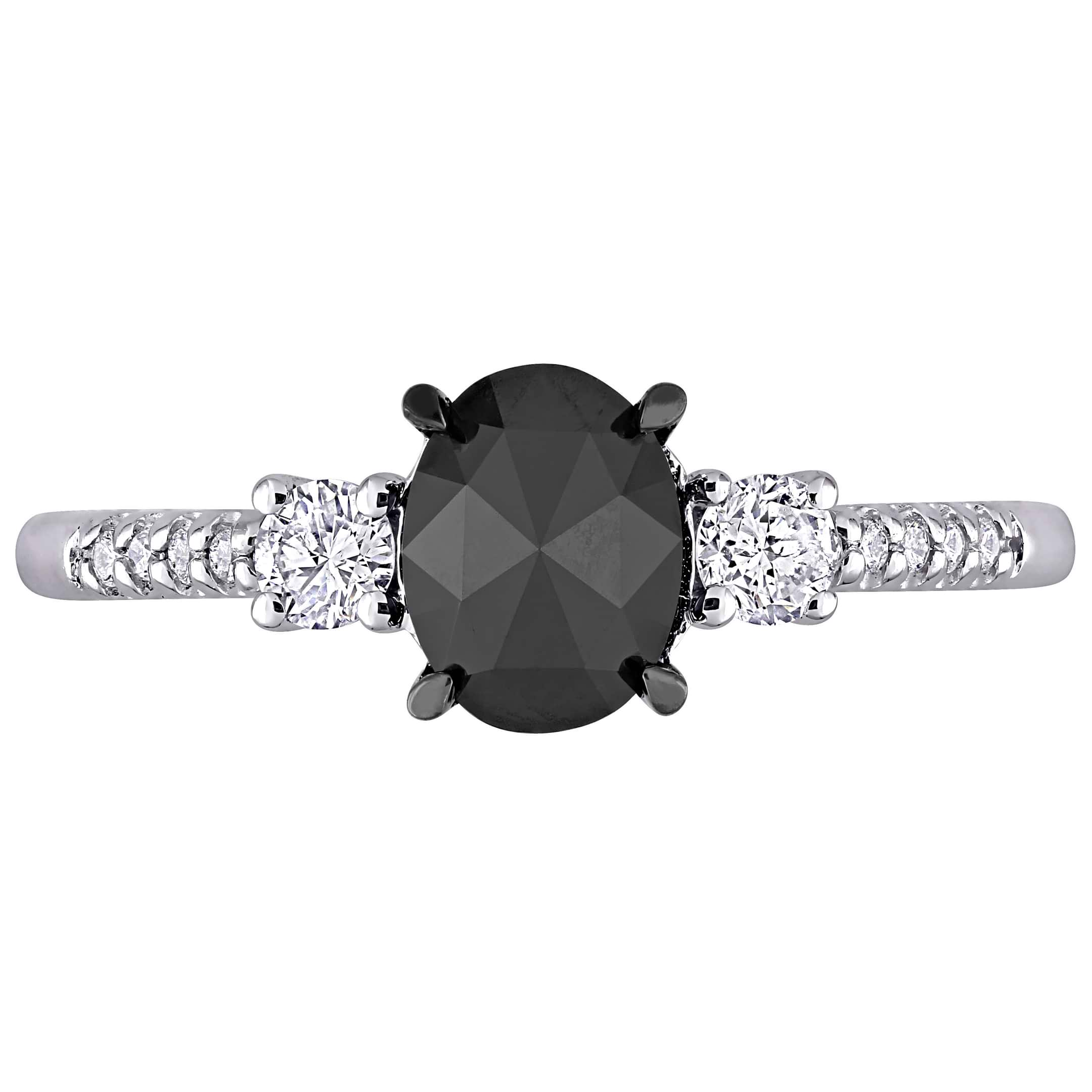 Oval Black & Round White Diamond Three-Stone Ring 14k W. Gold (1.20ct)