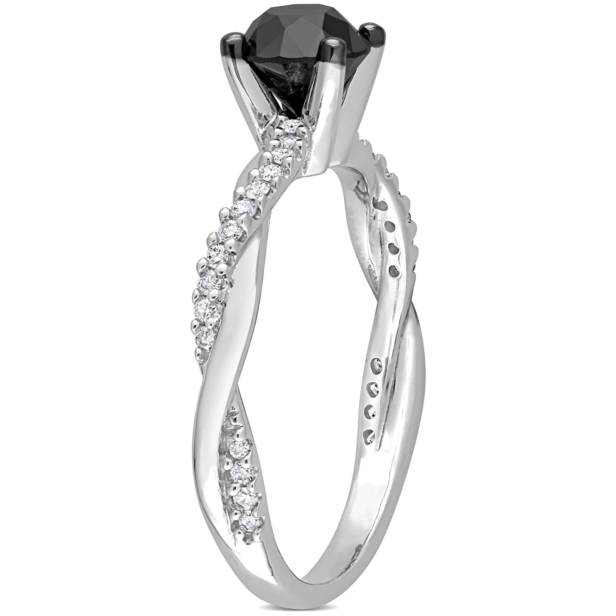 Round Black and White Diamond Solitaire Ring 14k White Gold (1.15ct)