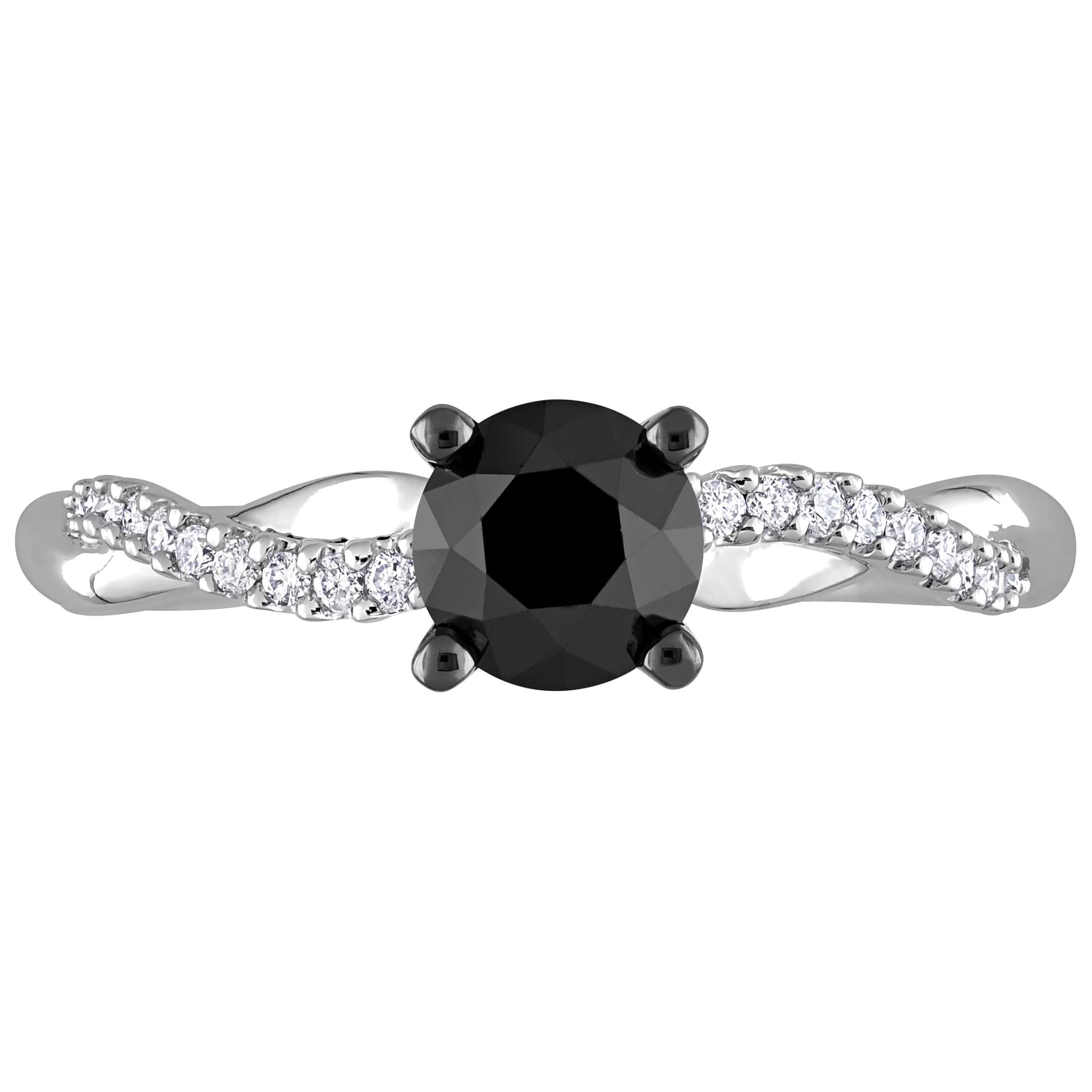 Round Black and White Diamond Solitaire Ring 14k White Gold (1.15ct)