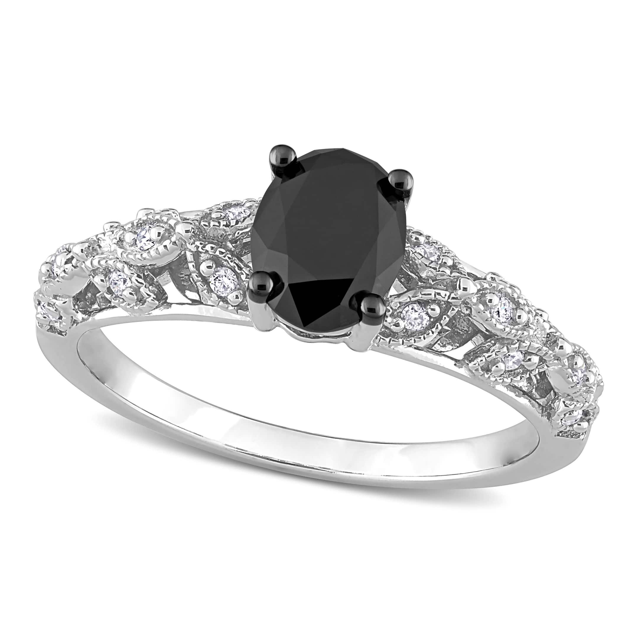 Oval Black and Round White Diamond Fashion Ring 14k W. Gold (1.03ct)