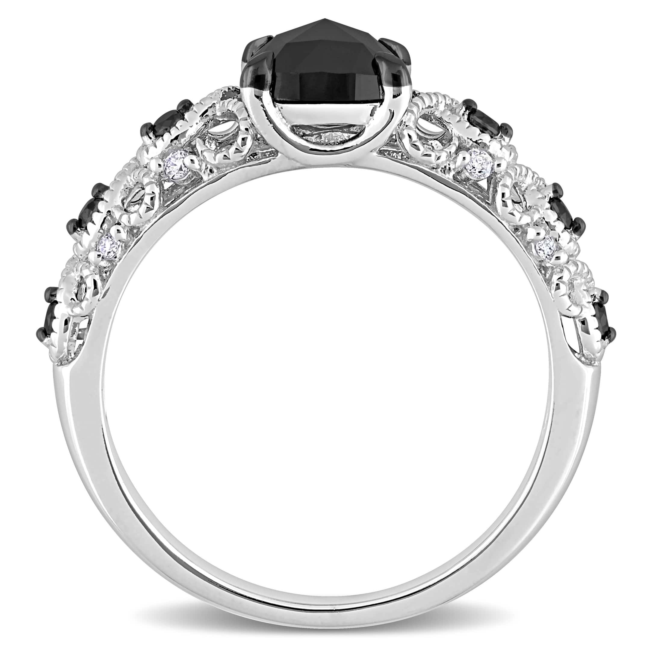 Cushion Black & Round White Diamond Fashion Ring 14k W. Gold (1.13ct)