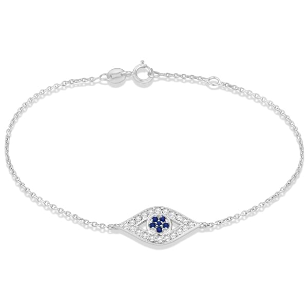 Blue Sapphire Evil Eye Diamond Bracelet in 14k White Gold (0.42ct)