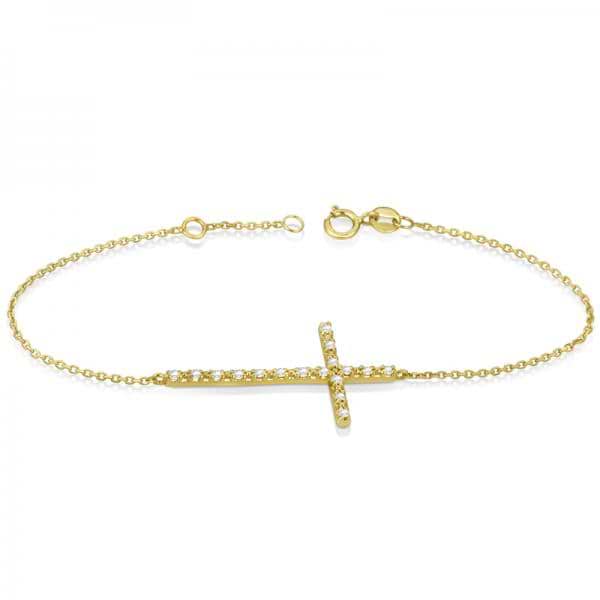 Sideways Cross Chain Bracelet & Diamond Accents 14k Yellow Gold 0.20ct