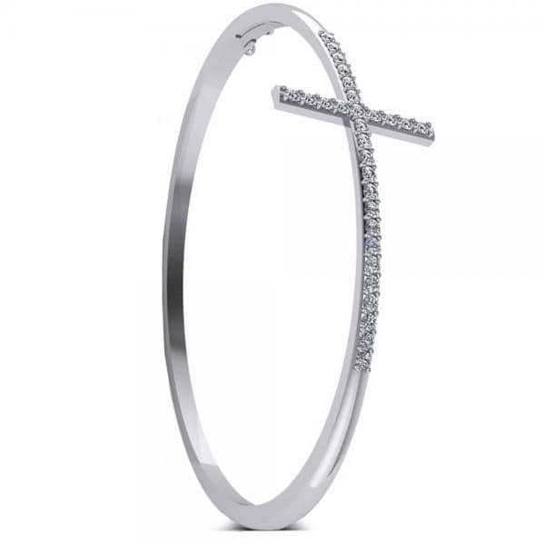 Diamond Religious Cross Bangle Bracelet in 14k White Gold (0.87ct)