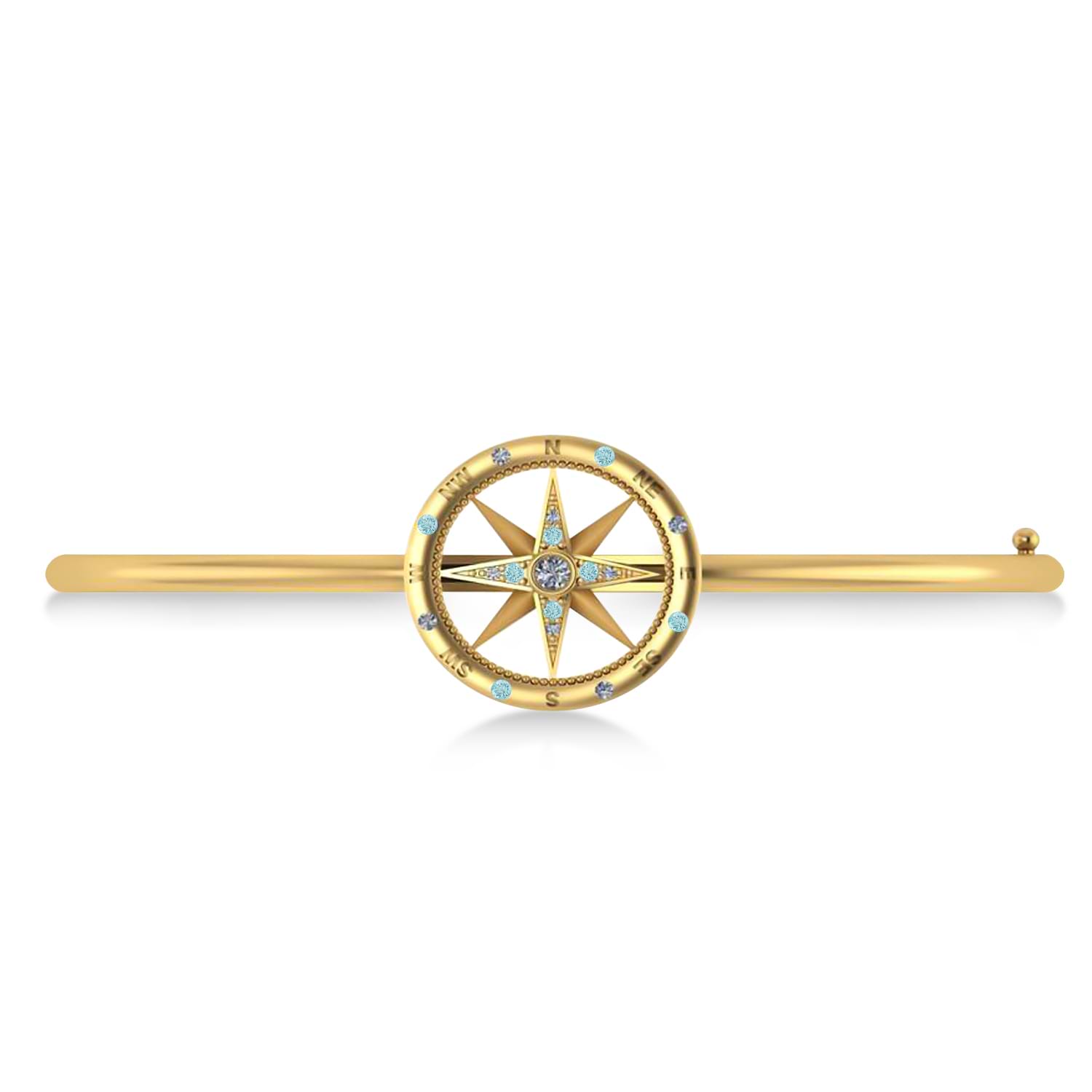 Aquamarine & Diamond Compass Bangle Bracelet 14k Yellow Gold (0.19ct)