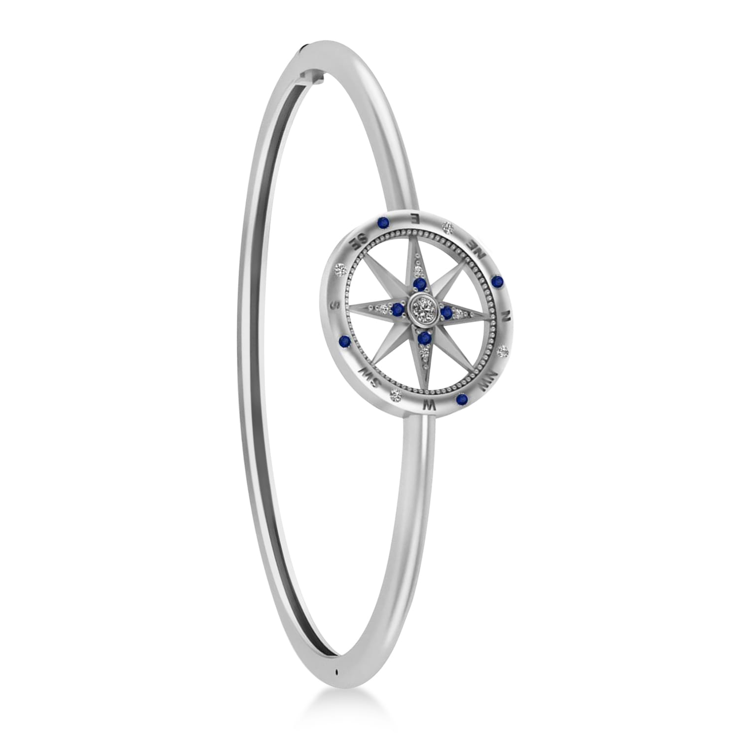 Blue Sapphire & Diamond Compass Bangle Bracelet 14k White Gold (0.19ct)