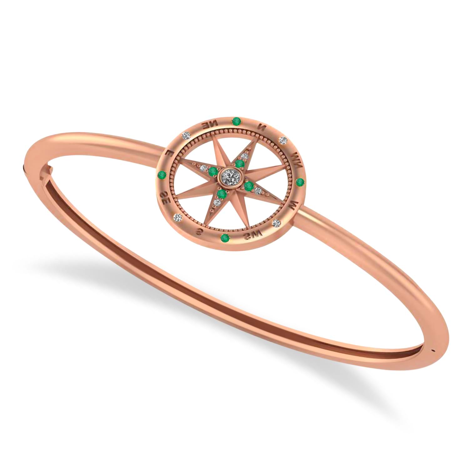 Emerald & Diamond Compass Bangle Bracelet 14k Rose Gold (0.19ct)