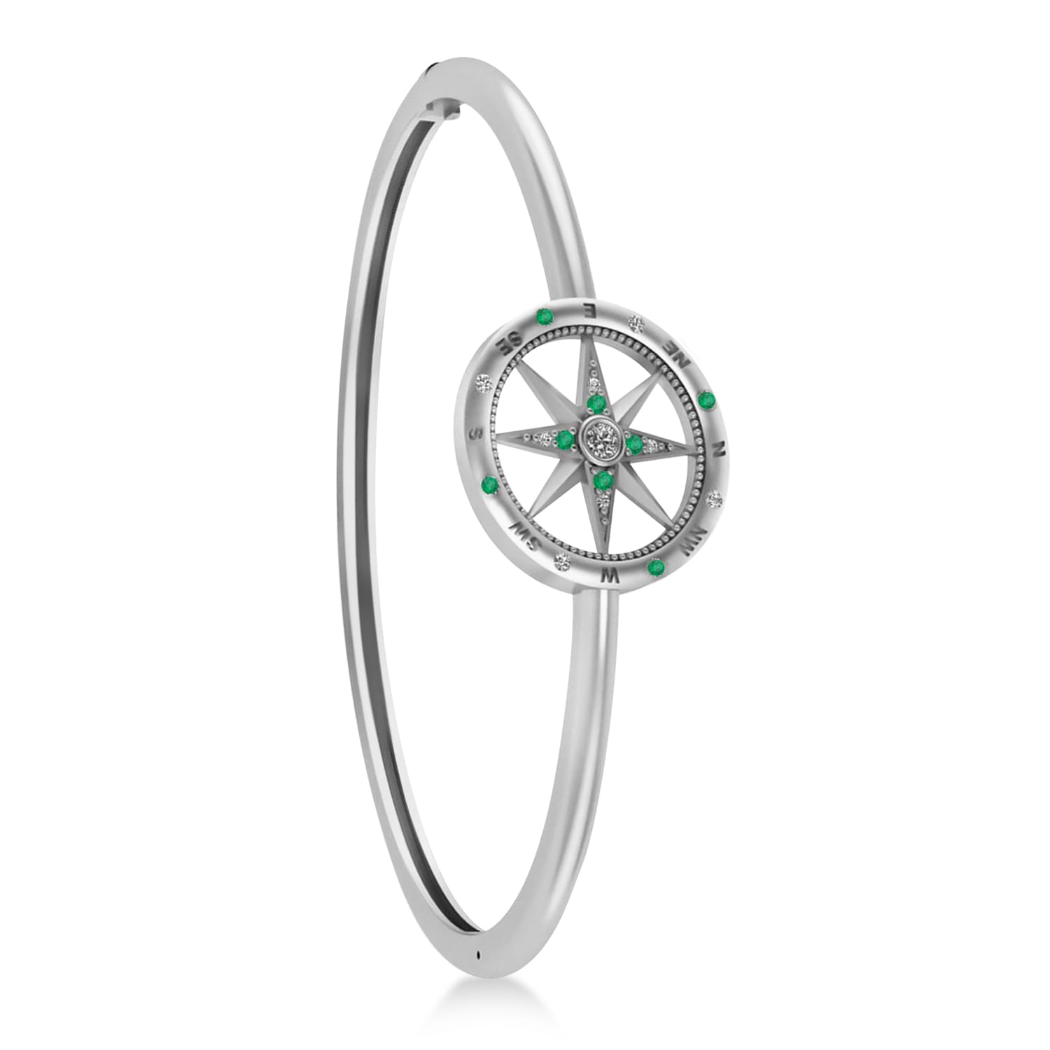 Emerald & Diamond Compass Bangle Bracelet 14k White Gold (0.19ct)