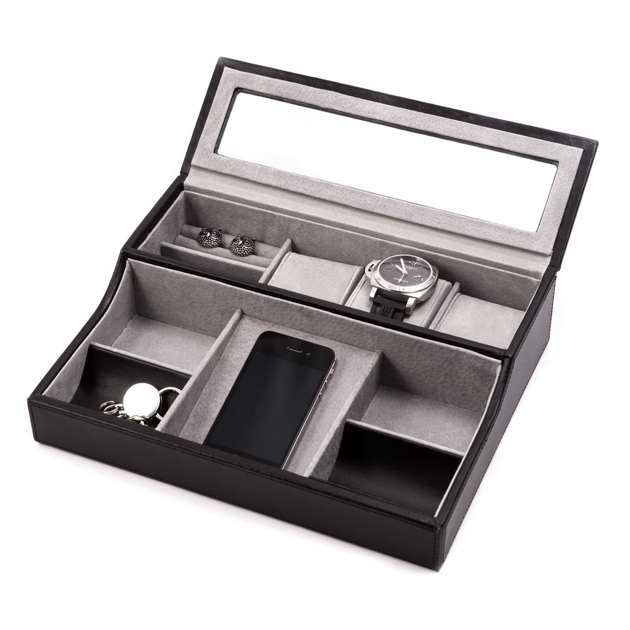 Leather Valet Watch Box For 3 Watches w/ Slots for Cufflink