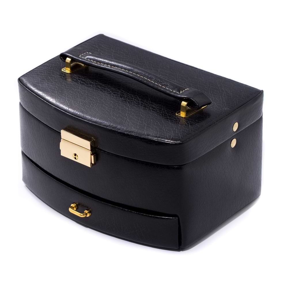 Black Leather 2 Level Jewelry Case w/ Drawer and Mirror