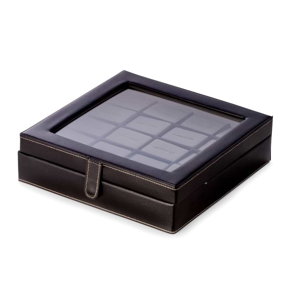 Black Leather 20 Cufflink Box with Glass Top and Snap Closure