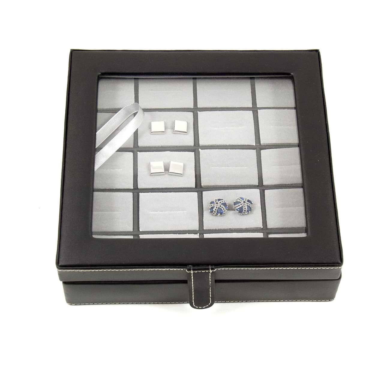 Black Leather 20 Cufflink Box with Glass Top and Snap Closure