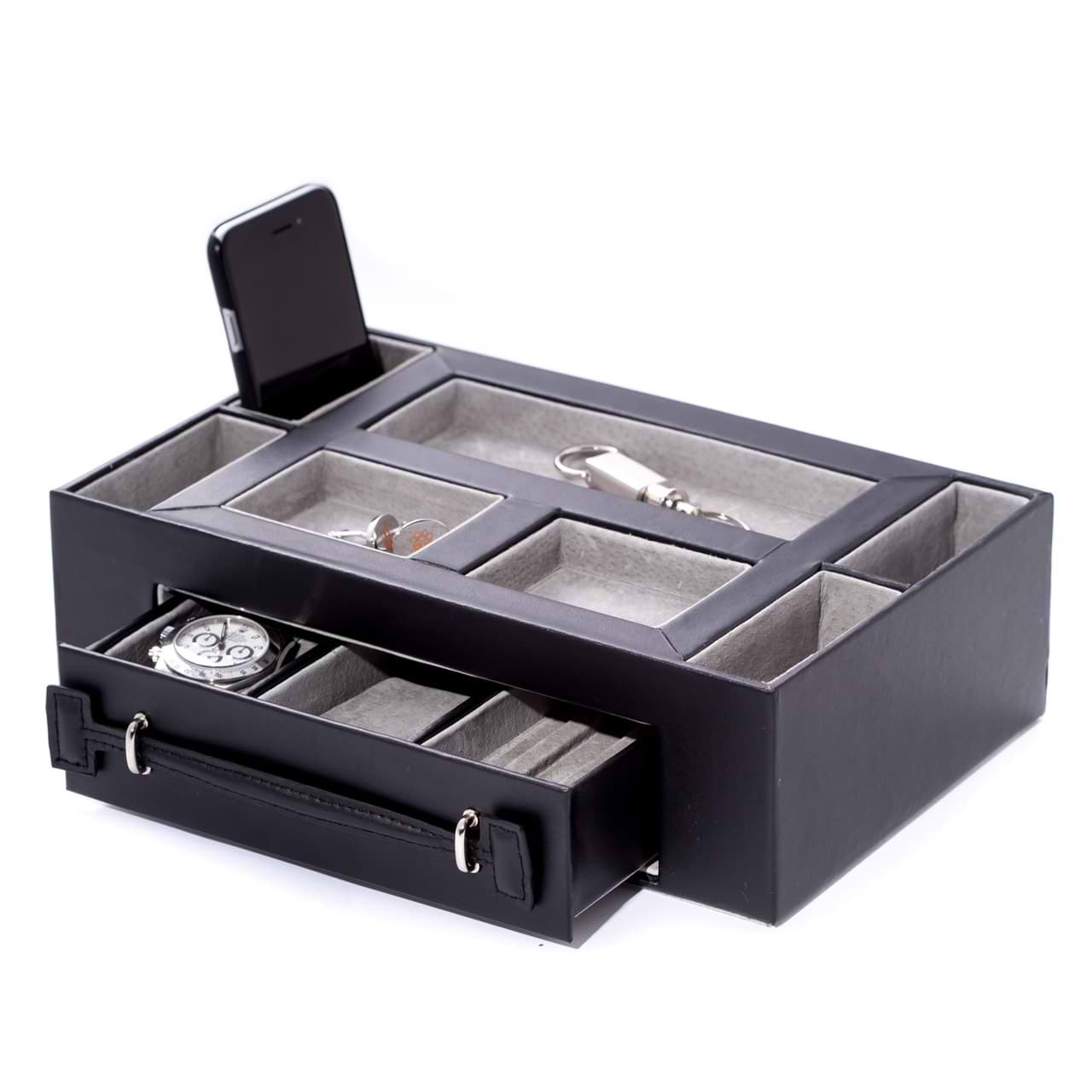 Pigskin Leather Lined Open Face Valet Box w/ Drawer