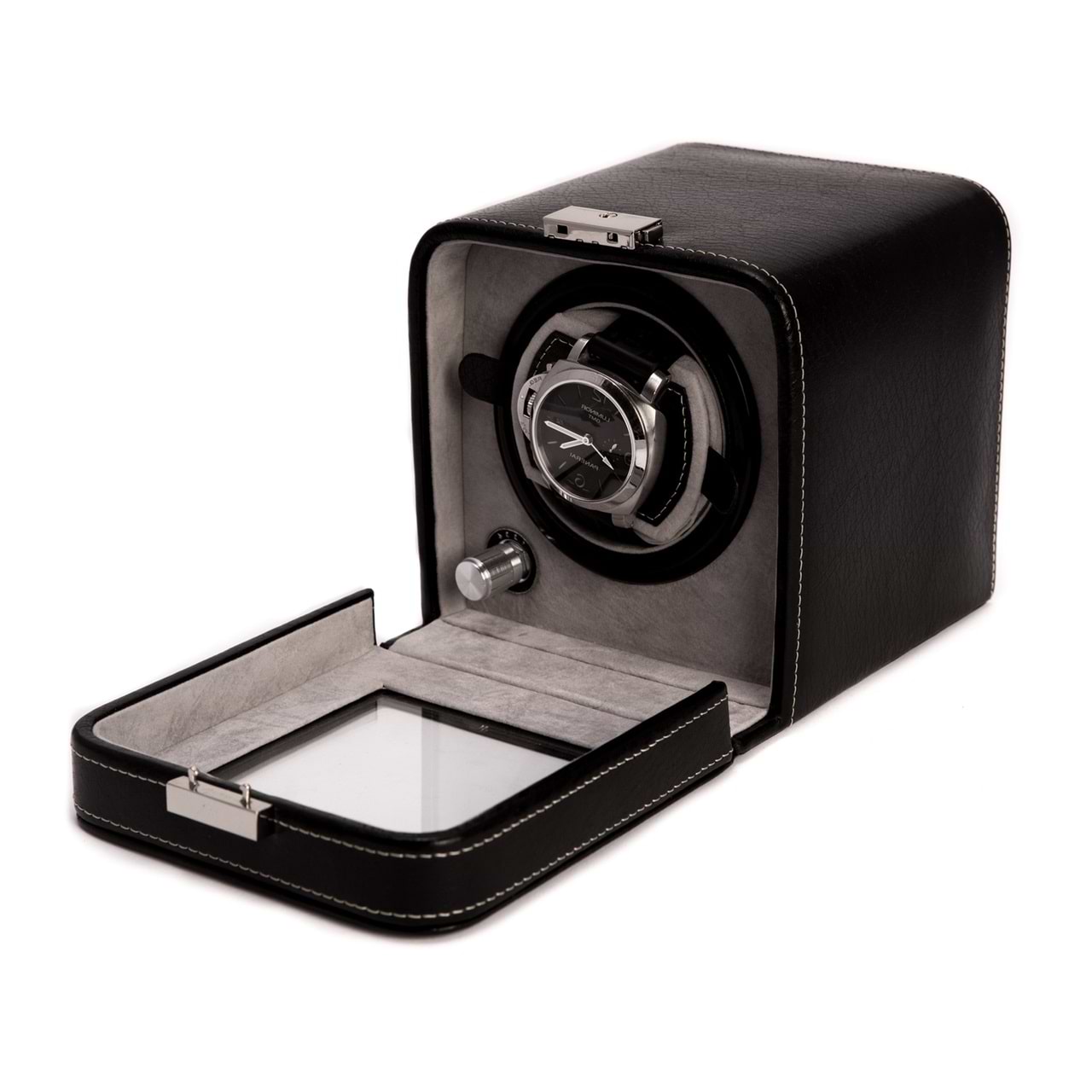 Black Leather Single Watch Winder w/ Glass Door and Locking Clasp