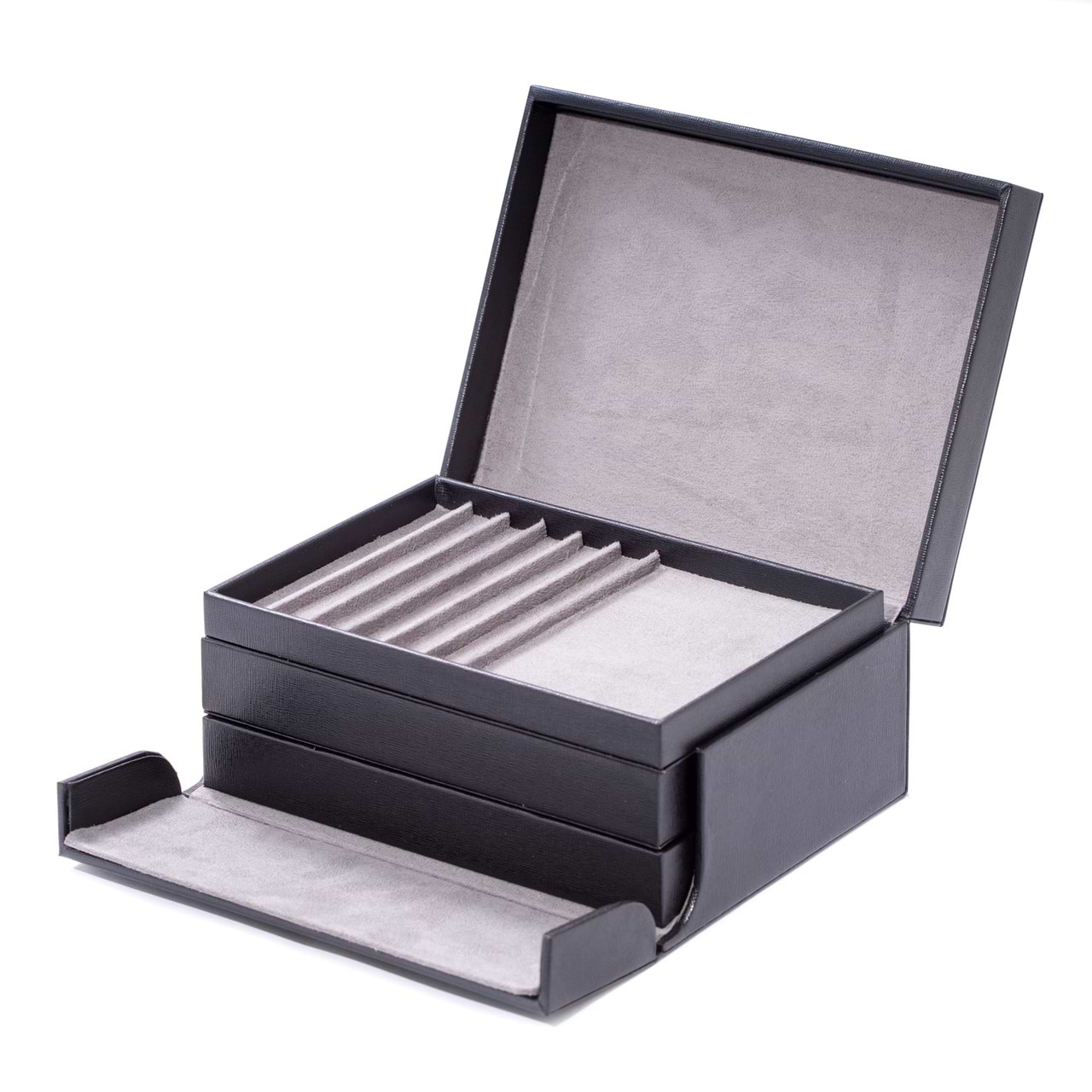 Black Leather Valet Box w/ Removable Tray for 4 Watches & 8 Cufflinks