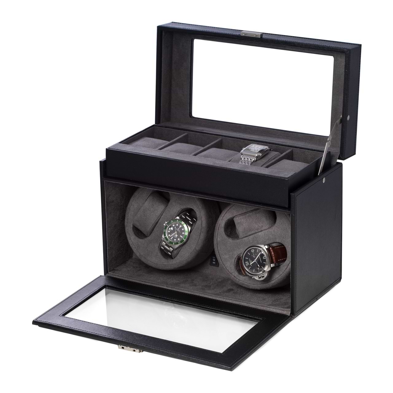 Black Leather 4 Watch Winder w/ 5 Watch Case, & Selectable Rotation