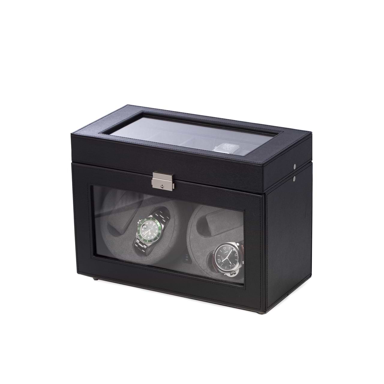 Black Leather 4 Watch Winder w/ 5 Watch Case, & Selectable Rotation