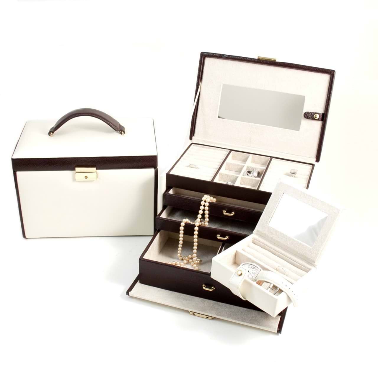 Ivory & Brown Leather 4 Level Jewelry Box w/ 3 Drawers & Travel Case
