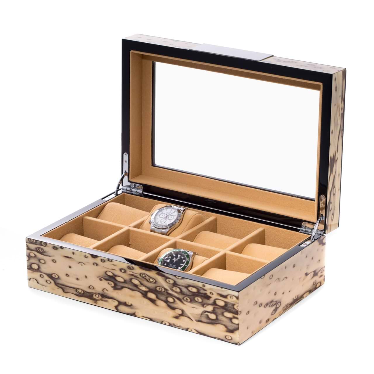 Exotic Ice Wood 8 Watch Case w/ Glass Top and Velour Lining