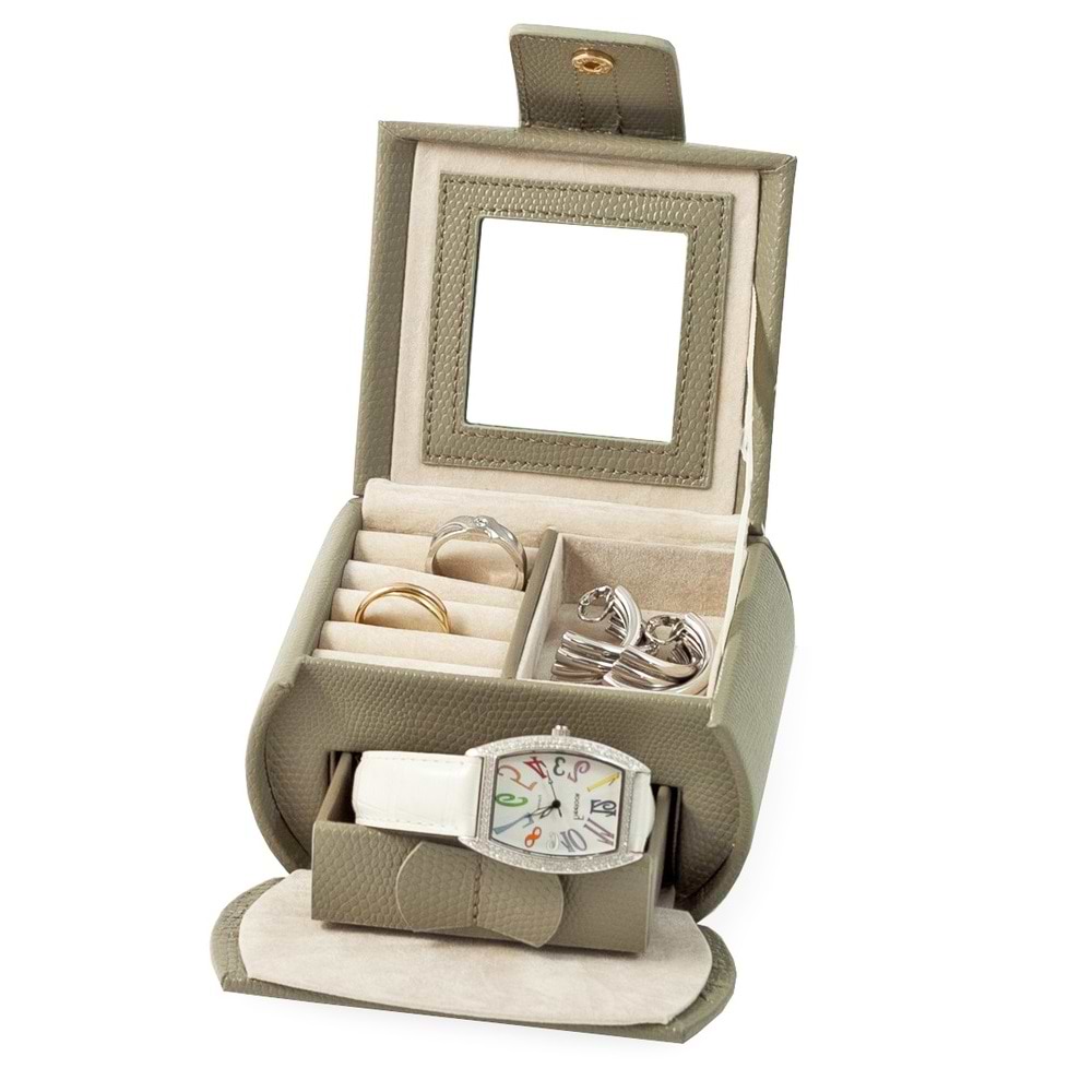 Olive Leather 2 Level Jewelry Box with Drawer, Mirror and Snap Closure