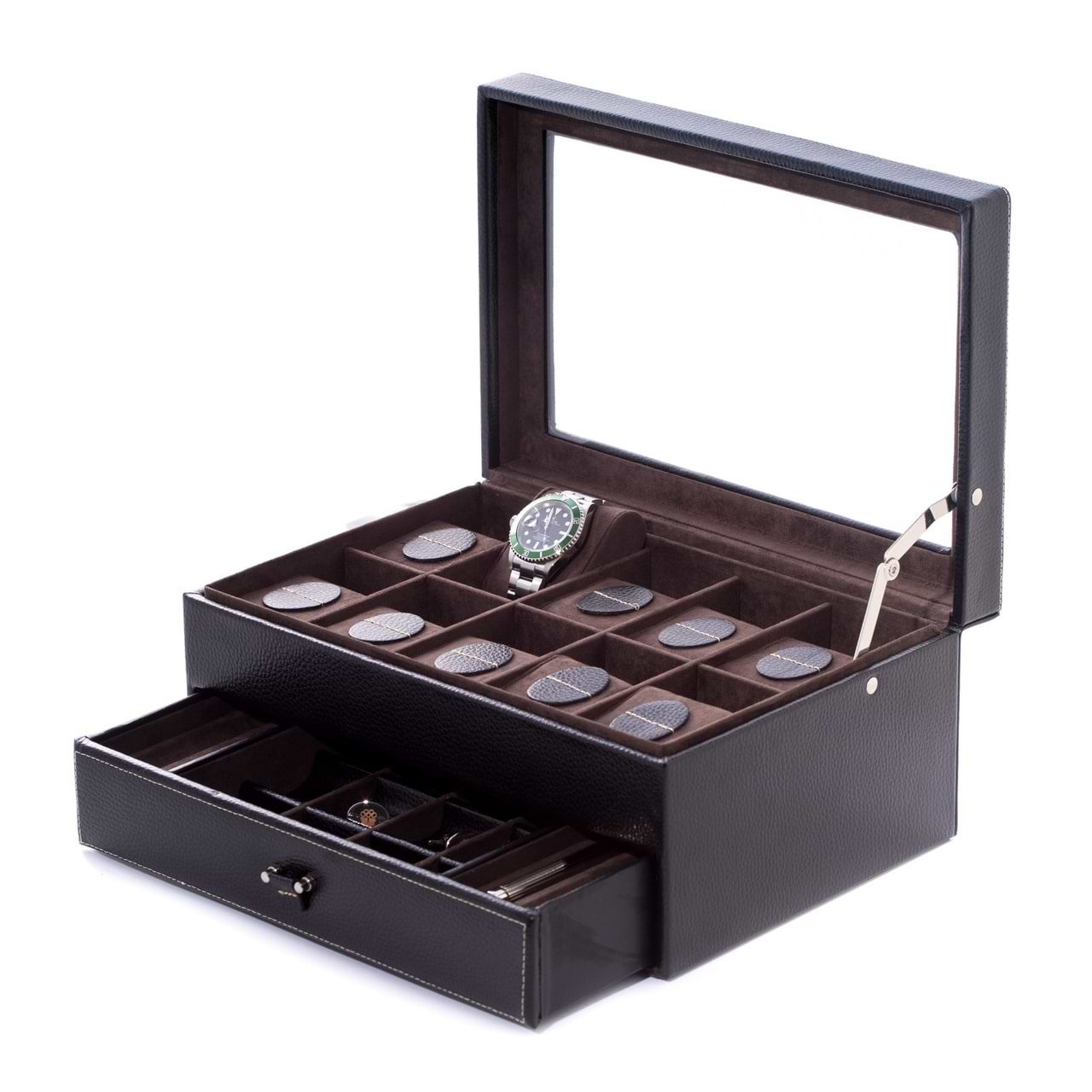 Black Leather 10 Watch Case w/ Glass Top, Drawer for Cufflinks & Pens