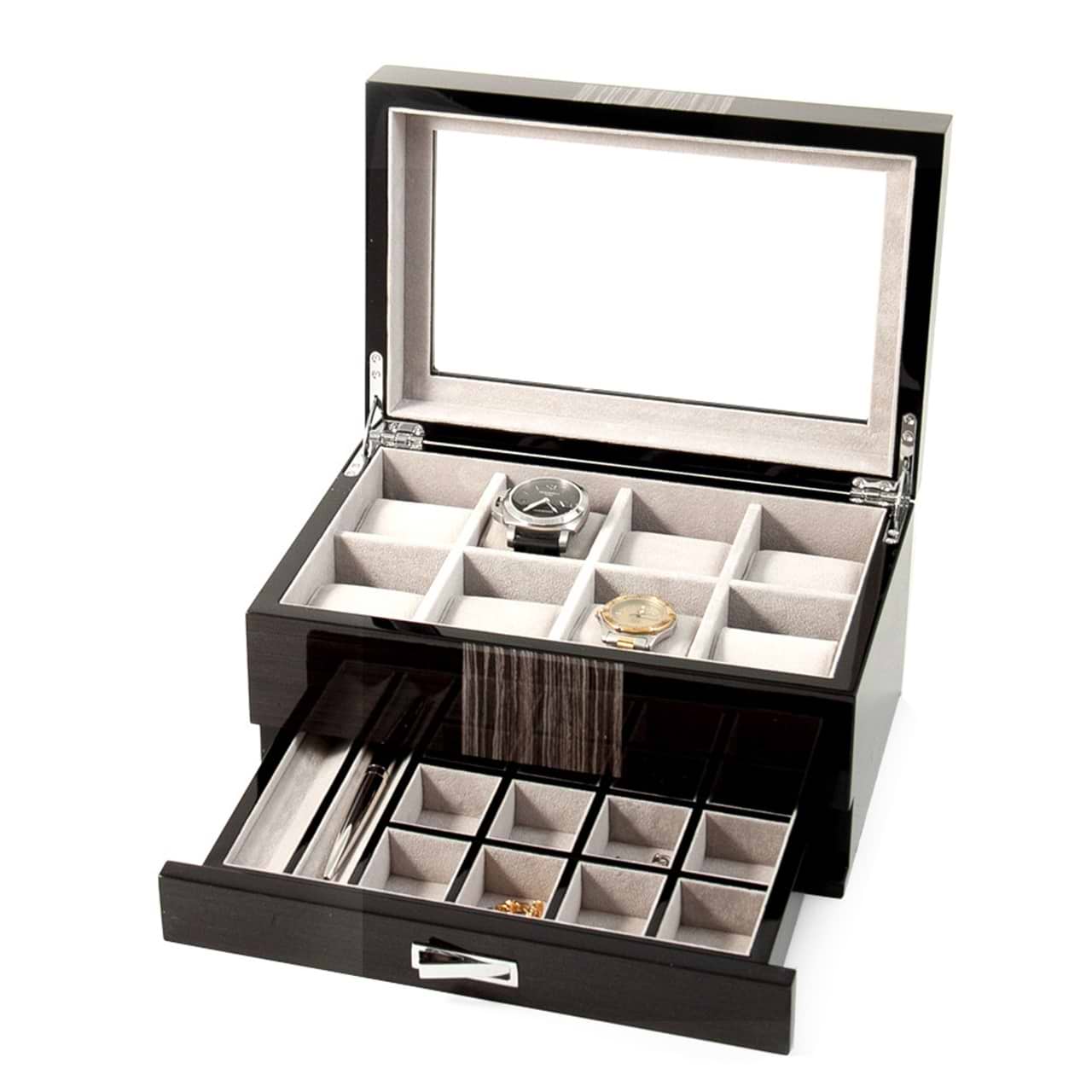 Wenge Wood 8 Watch Box w/ Glass Top, Drawer for Cufflinks & Pens
