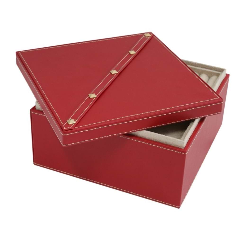 Studded Red Leather Two Level Jewelry Box w/ Removable Individual Tray