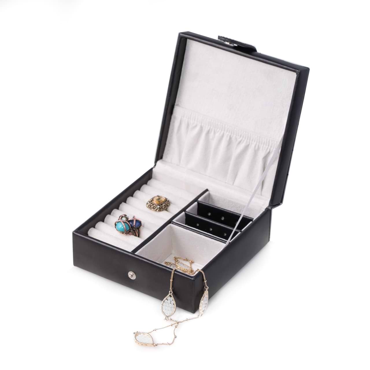 Black Leather Jewelry Box w/ Slots for Rings, Earrings and Compartment