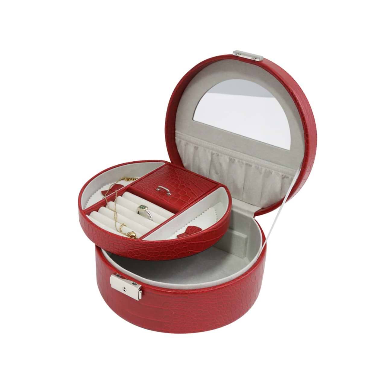 Red Leatherette Jewelry Box w/ Valet, Slots for Rings, & Compartments