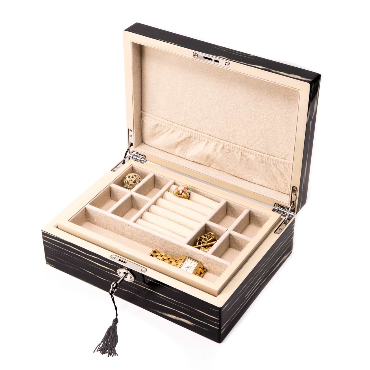 Lacquered Wood Jewelry Box with Valet Tray and Key Lock