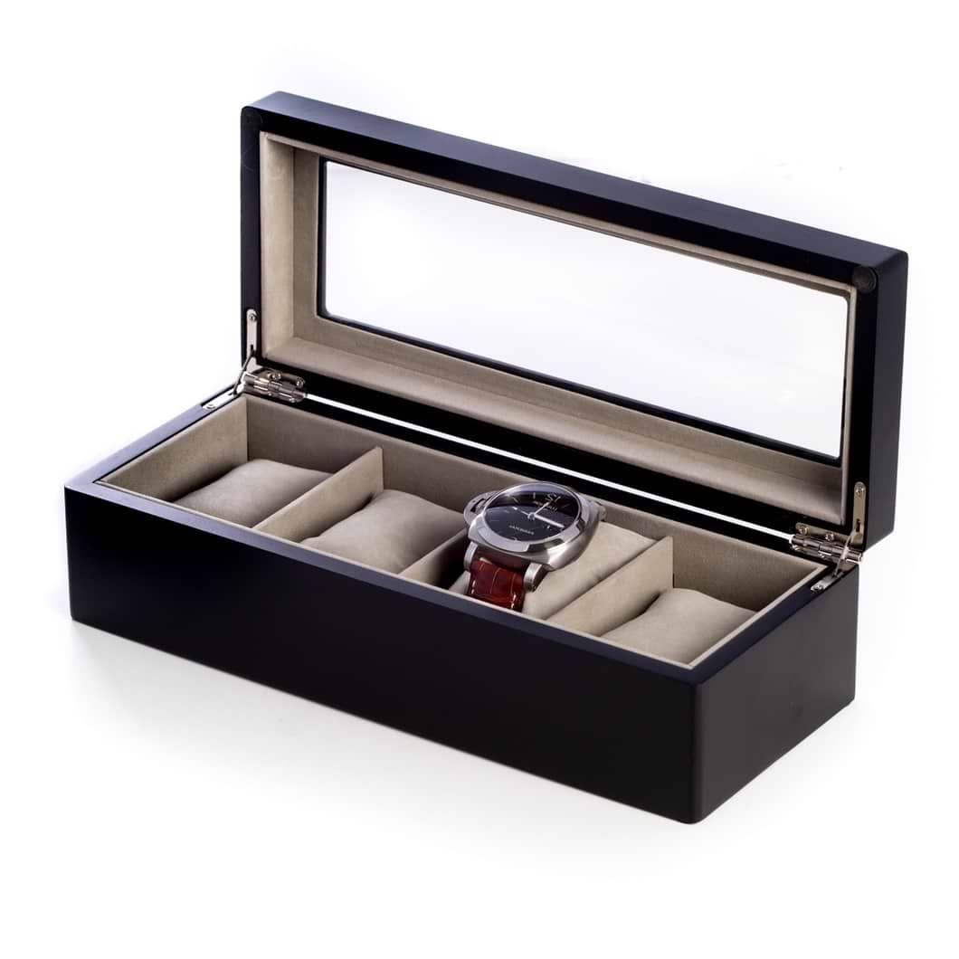 Matte Wood 4 Watch Box w/ Glass Top and Velour Lining & Pillows