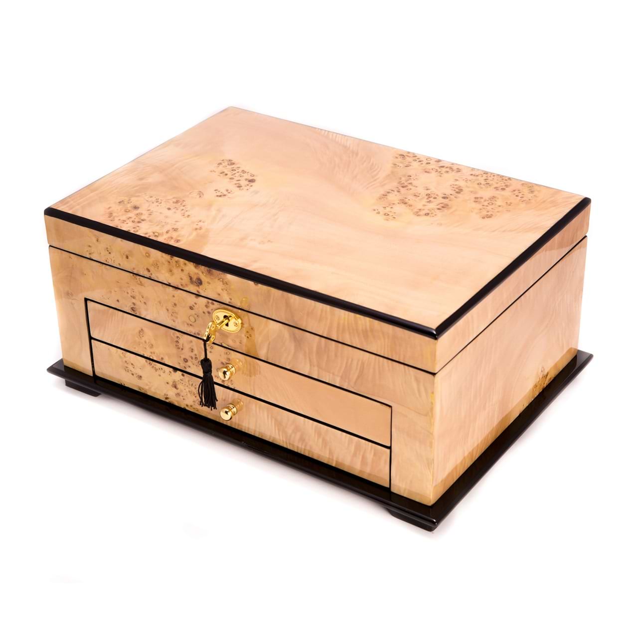 Birdseye Wood 3 Level Jewelry Box w/ Gold Accent & Locking Lid