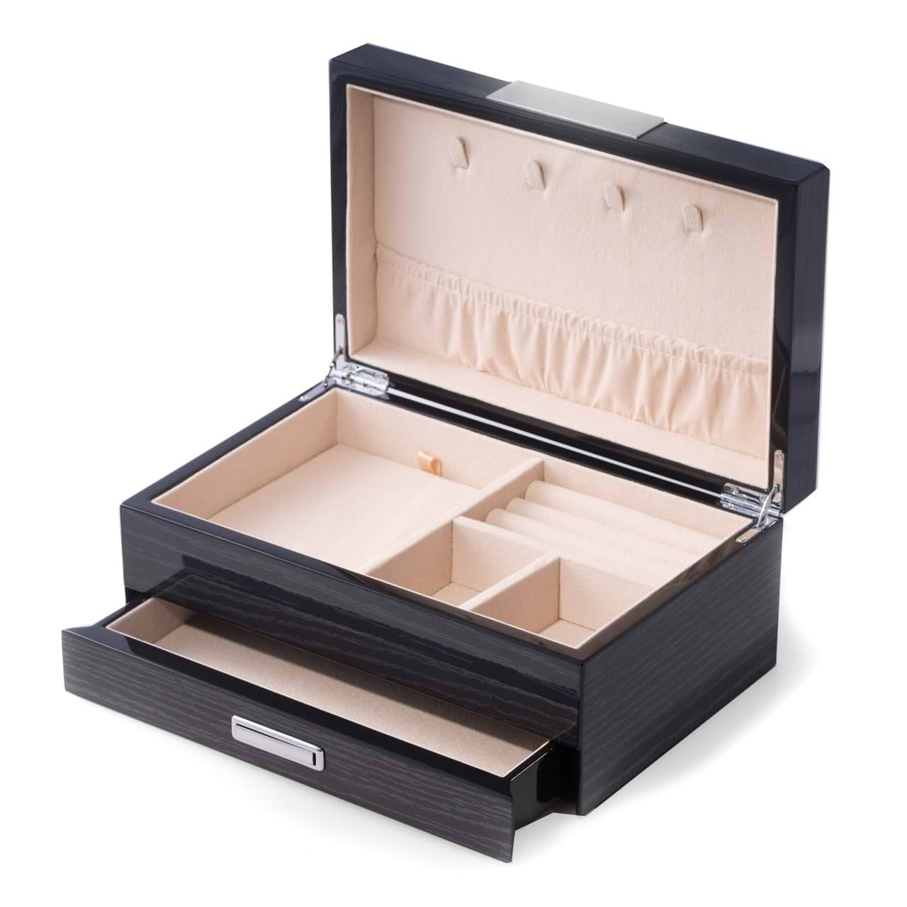 Steel Gray 2 Level Jewelry Box w/ Drawer, Hooks, & Steel Accents