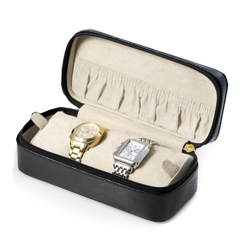 Leather Watch & Bracelet Case w/ Velour Lining & Zipper Closure