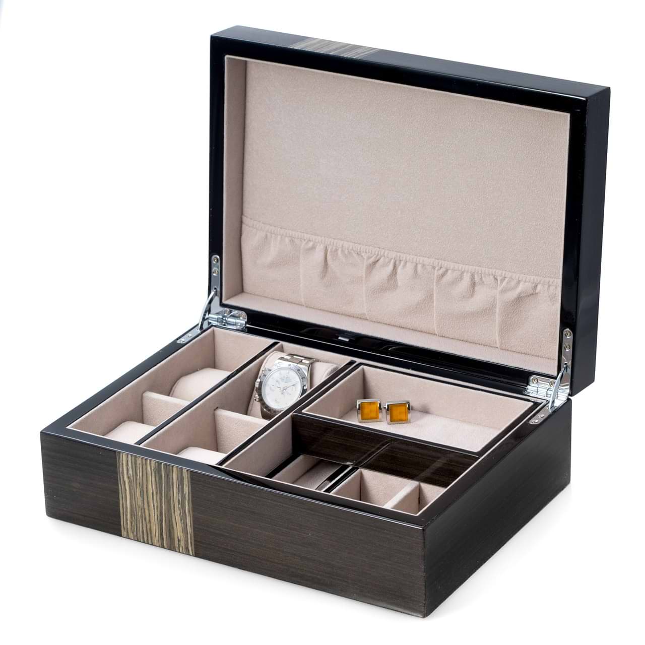 Ash Wood Valet Box w/ Compartments, 4 Watch Pillow & Removable Tray