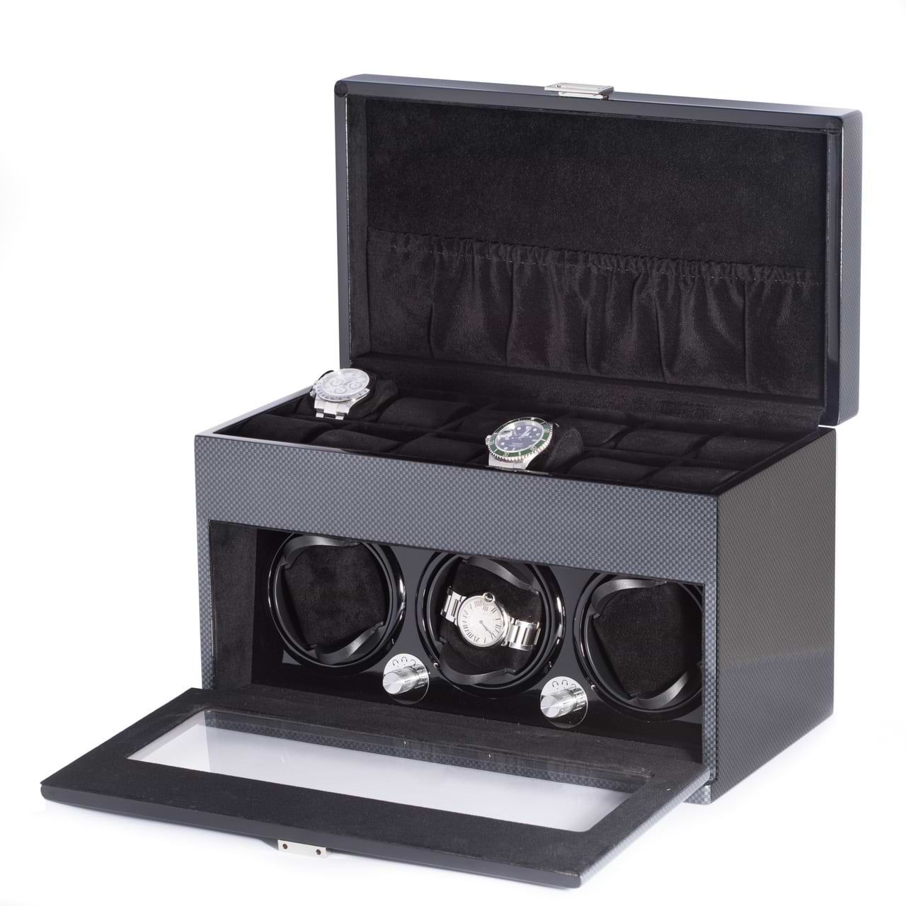 Carbon Fiber Steel Gray 3 Watch Winder w/ Settings for 12 Watches