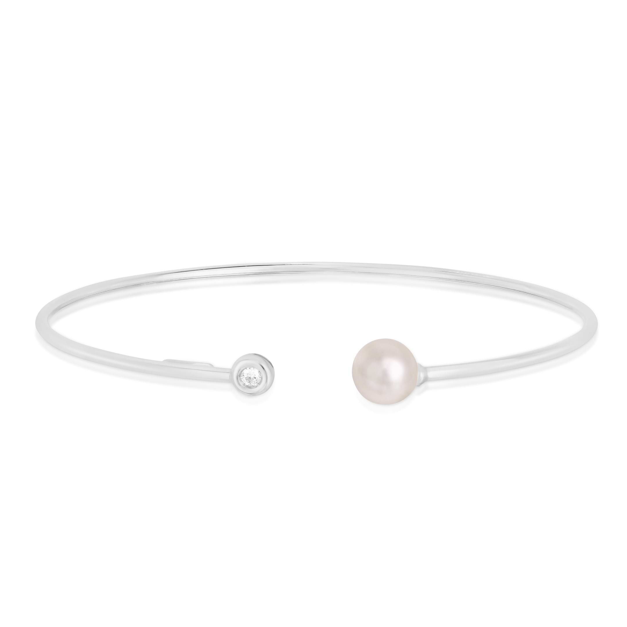 Diamond and Pearl Open Bangle 14k White Gold (0.04ct)