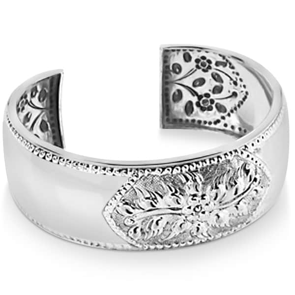 Fashion Cuff Bracelet w Etched Flower Design 25mm Wide Sterling Silver