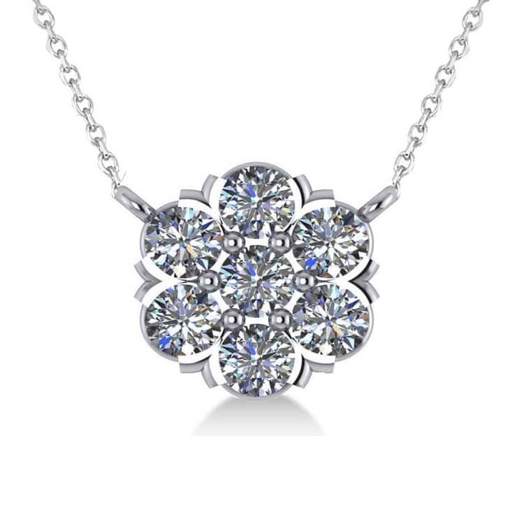 Diamond Flower Cluster Pendant Necklace 14k White Gold (1.06ct)