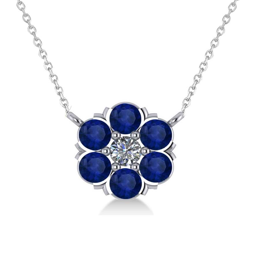 Blue Sapphire & Diamond Cluster Pendant Necklace 14k White Gold (1.06ct)