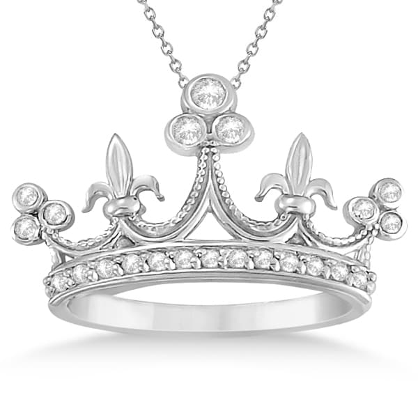 Bezel Set Diamond Crown Pendant Necklace in 14k White Gold (0.26ct)