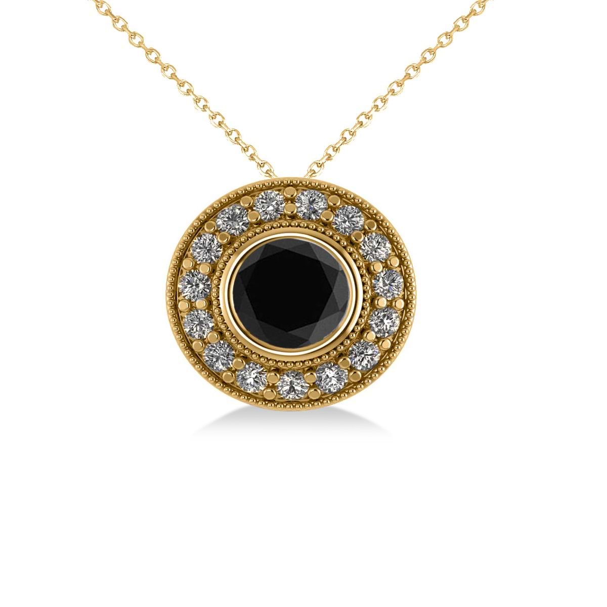Round Black Diamond & Diamond Halo Pendant Necklace 14k Yellow Gold (1.45ct)