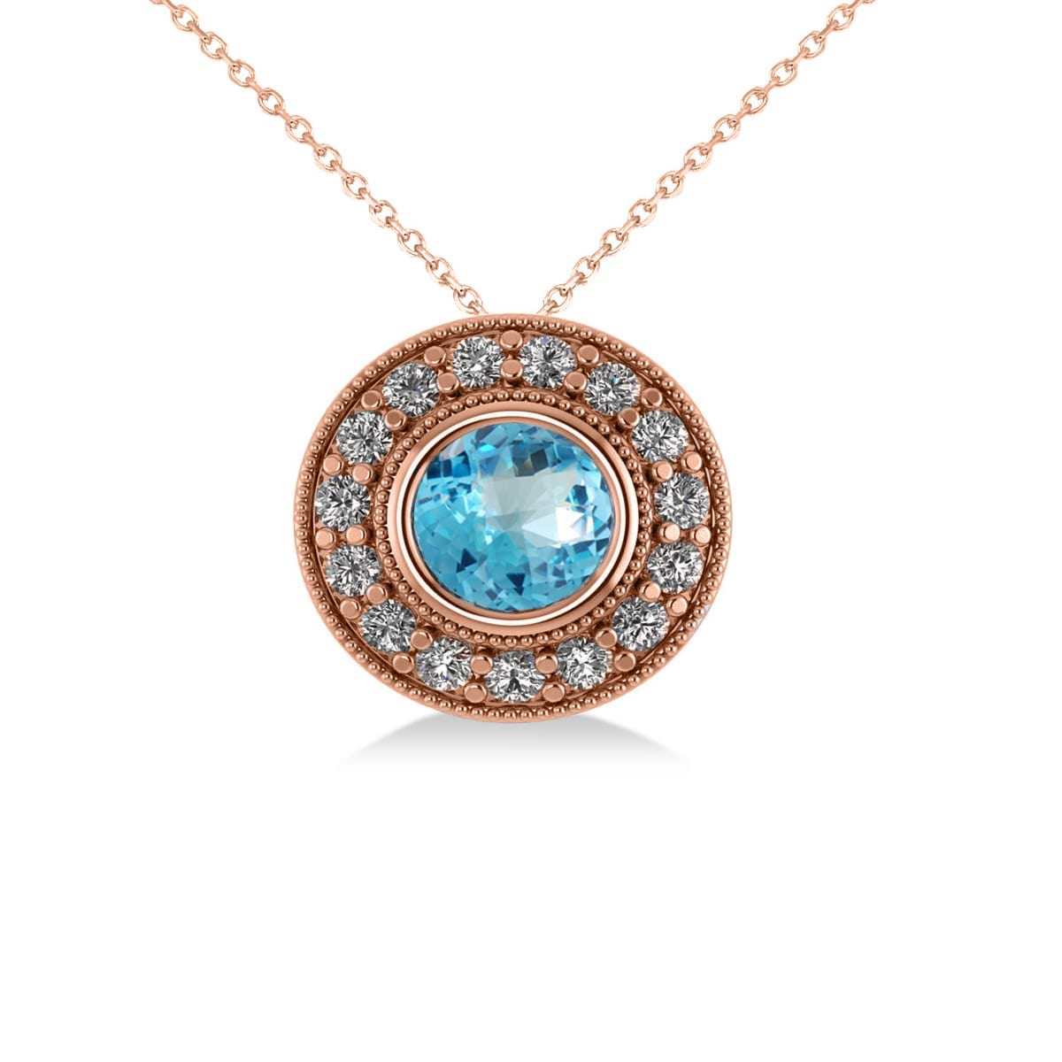 Round Blue Topaz & Diamond Halo Pendant Necklace 14k Rose Gold (1.81ct)